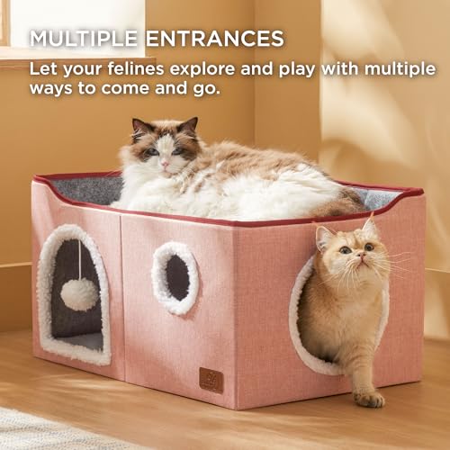 Extra Wide Cat House Bed with Fluffy Ball and Scratch Pad (Pink / Widen)