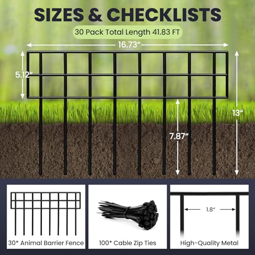 41.83Ft(L) X 13Inch(H) Animal Barrier Fence, 30 Pack No Dig Fence Panels, Black Modern Steel Garden Fence Border (30Pack, 41.83Ft)