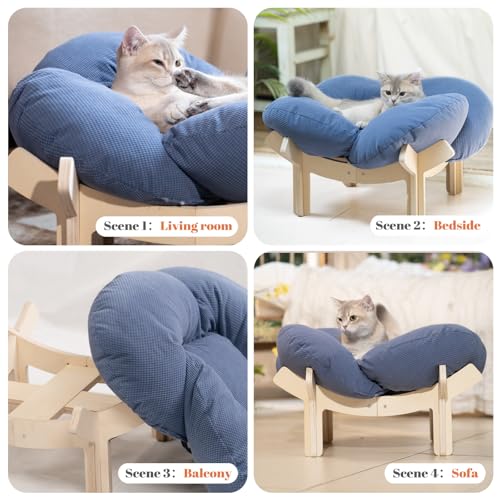 Elevated Cat Bed for Indoor Cats Couch Sofa Flower (Deep Blue)