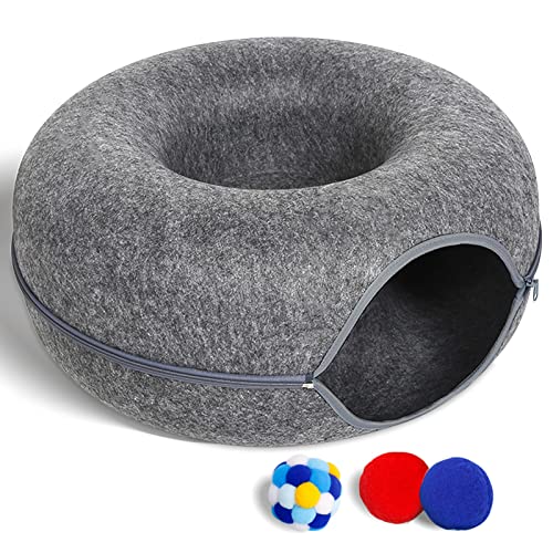 Large Cat Tunnel Bed for Indoor Cats with 3 Toys (L(24x24x11) / Dark Grey)
