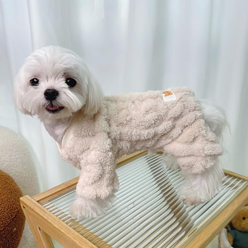 Plush Dog Pajamas for Cold Weather 4 Legged Clothes for Dog Cat Stretchy Puppy Kitten Onesie with Buttons Warm Soft Pet Jumpsuit Winter Coat White Small (Small / White)