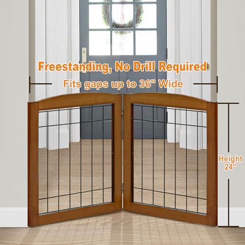 2 Panel Freestanding Foldable Wood Dog Gate (24"Height-2 Panel / Oak Cherry)