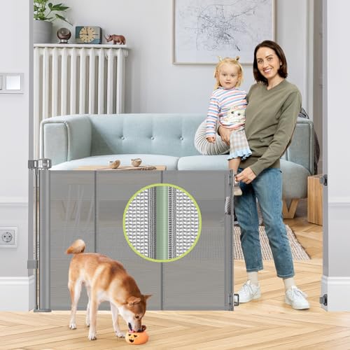 Reinforced 55" Wide Retractable Dog Gate with Support Rods (Gray / 33" Tall x 55" Wide（ With Reinforced Bar ）)