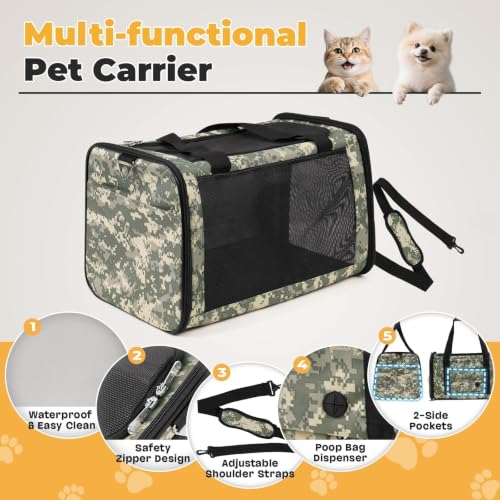 25lbs Cat Carrier Lightproof Soft Sided Pet Carrier for Large Cat (17.5"L x 11.0"W x 11.0"H / Digital Camouflage（No Privacy Curtain))