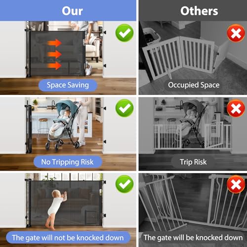 Retractable Baby Gates with Cat Door 80" Wide Retractable Dog Gate with Pet Door Outdoor Retractable Gate for Dogs Retractable Pet Gate with Door Mesh Baby Gate Retractable Mesh Dog Gate (Black / 33" X 80"（With Cat Door ）)