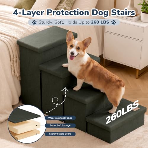 4 Step Wide Dog Stairs with Storage 23" H (Grey Green / 40"D x 17"W x 23"H)