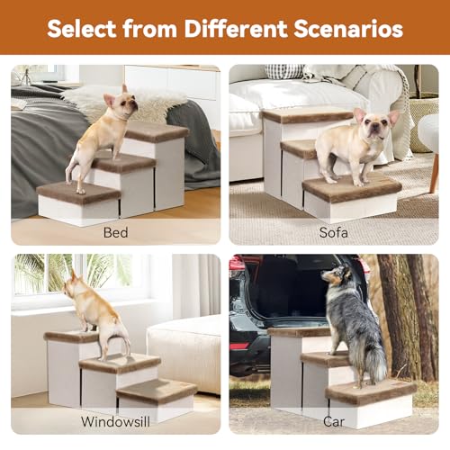 Dog Stairs with Storage Khaki Furry Lids 3 Steps Dog Ramp no Condo (Khaki Furry Lid No Condo / 3)