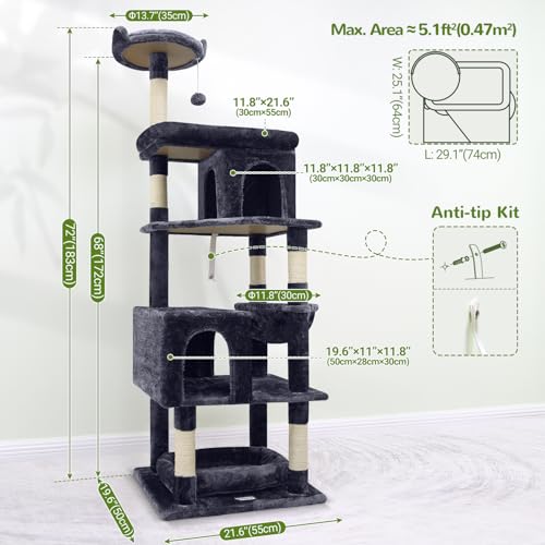 S72 Heavy Duty Cat Trees for Large Cats 20 lbs+ (Dark Grey / 72 inch)