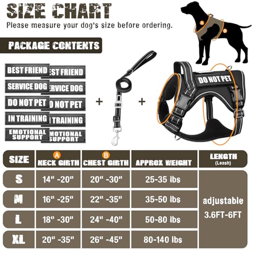Tactical Dog Harness and Leash Set with 10 Patches for Large Dogs (X-Large / Black)