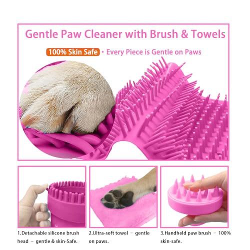 Dog Paw Cleaner Cup with Detachable Top Brush for Large & XL Dogs (Large(3Towels&Brush) / Pink)