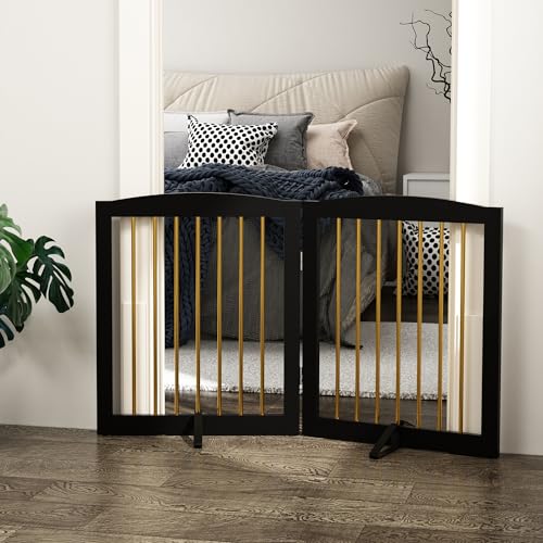 Freestanding Pet Gate for Dogs (24" Height-2 Panel / Black & Gold)