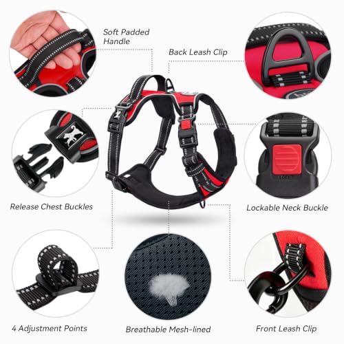 No Pull Dog Harness Medium with Front Clip & Neck Release Buckle (Medium / Red)
