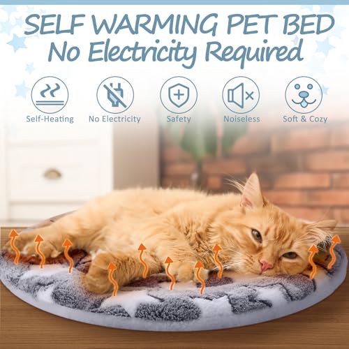 2 Pack Self Heating Cat Pad Self Heating Cat Bed Machine Washable Heat Pet Mat Reversible Body Thermal Warm Round Dog Bed Crate Blanket for Feral and Indoor Cats (12'' / Large Star)
