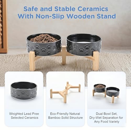 Elevated Dog Bowls Ceramic (5.1 in - 1.7 cups / Paw Black)