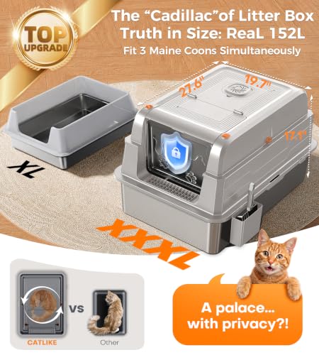 Upgrade XXXL Stainless Steel Cat Litter Box 3 (Silver Light Grey / Real XXXL Size: Up to 152L)