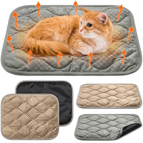 4 Pack Self Warming Cat Mat Self Heating Cat Pad Warm Thermal Pet Bed Washable Dog Crate Pad Body Heat Dog Bed Mat Blanket Non Slip Bottom for Outdoor Indoor Pets (16 x 20 Inch / Grey,Camel)