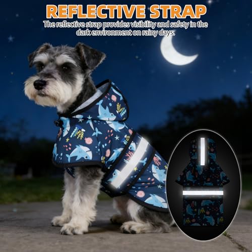 Dog Raincoat Hooded Slicker Poncho with Leash Hole (S:10-15lbs / Blue Shark)