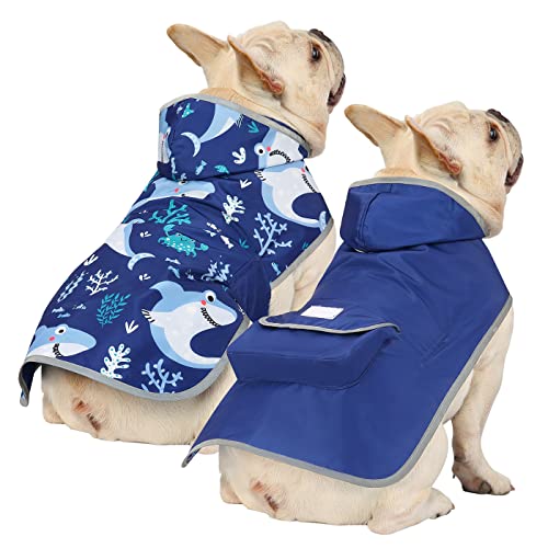 2-in-1 Reversible Dog Raincoat Hooded Poncho Rain Jacket Bl Sharks S (Small / Sharks)
