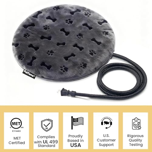 Pet Heating Pad for Cats Dogs Indoor & Sheltered Outdoor Waterproof Heated Cat Bed Heated Dog Bed Chew Resistant Cord Constant Temperature Electric Warming (Grey / Round: 16" x 16" x 1.3")
