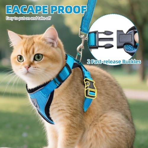 Cat Harness and Leash Set Escape Proof Reflective Cat Walking Harness Adjustable Soft Breathable Mesh Vest for Small Pets (XS (NECK 8.5", CHEST 11"-14") / Blue)