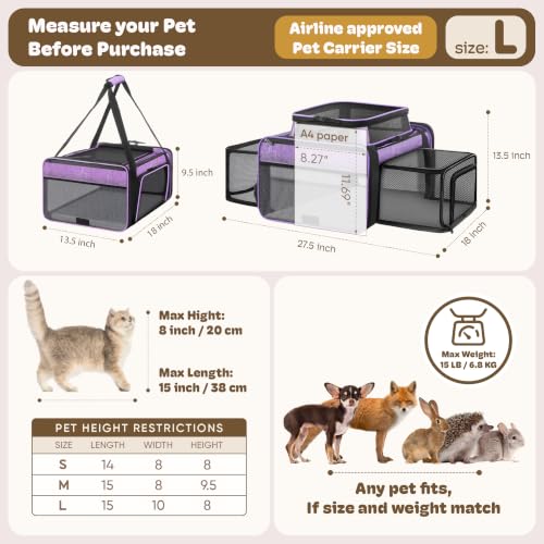 Top and 2 Sides Expandable Cat Carrier 18x13.5x9.5 TSA Airline Approved (Purple / 18.0"L x 13.5"W x 9.5"H)