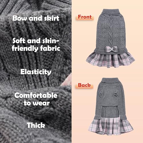 Small Dog Sweater Dress with Bowtie Turtleneck (Medium (8-14lbs) / Grey)
