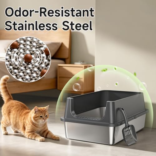 XL Open Top Stainless Steel Litter Box Large with High Sides (Dark Gray)