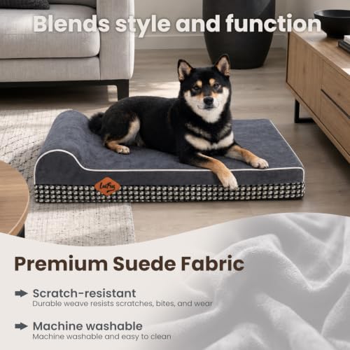 Orthopedic Memory Foam Dog Bed with Durable Water Proof Liner and Removable Washable Cover (34.0"L x 22.0"W x 5.5"Th / Black and White Plaid)