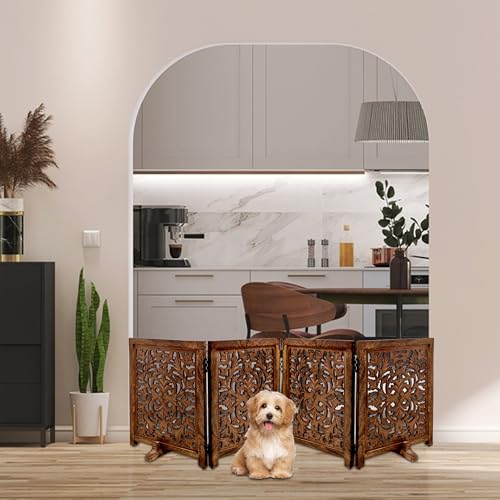 Lightnpro 4 Panel Wooden Dog Gate (Natural Burnt Carving / 24x72 - Oliver)
