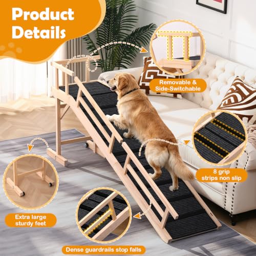 74" Wooden Dog Ramp with Platform & Wheels Gentle Slope Non (XL-74"L×17"W×25"H)