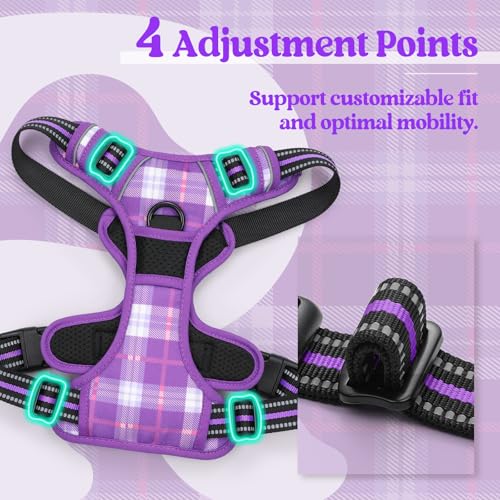 Dog Harness No Pull for Large Dogs with 2 Leash Clips (Large / Purple Plaid)