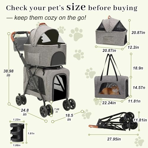 Double Pet Stroller with Detachable Carriers (Double-Grey)
