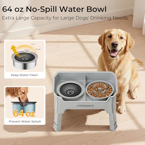 Mess Proof Elevated Dog Bowls 4 Height Adjustable Raised Stand (Light Grey / Large)