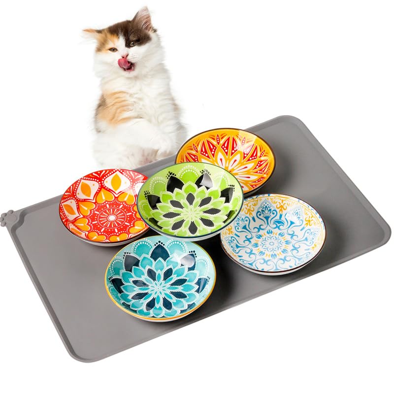 Boho 5 Ceramic Cat Bowls with Silicone Mat (ASCOLOR)