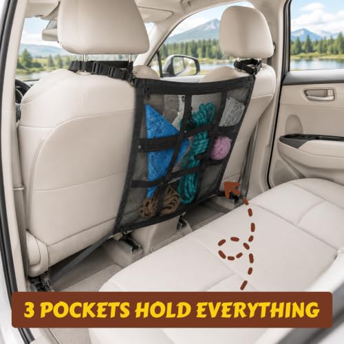 Dog Car Barrier Divider Net with 3 Zipper Storage Bags and Seat Belt