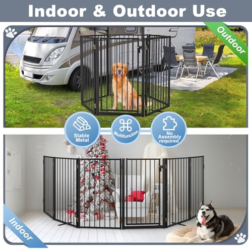 Metal Freestanding Dog Gates with Door for Outdoor Indoor (Black / 【6 Panels with Door】 32''H*120''W)