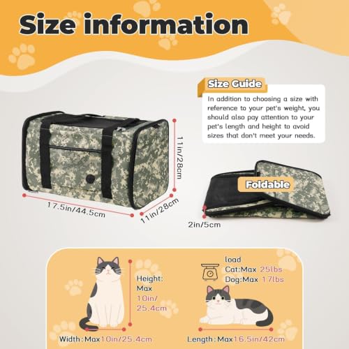 25lbs Cat Carrier Lightproof Soft Sided Pet Carrier for Large Cat (17.5"L x 11.0"W x 11.0"H / Digital Camouflage（No Privacy Curtain))