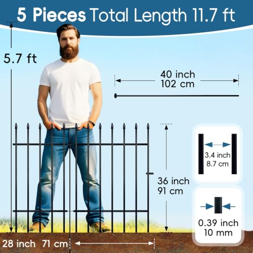 36" H x 28" W Metal Garden Fence with Gate (Black / 36″ H x 11.6 ft (4 Panels + 1 Gate))