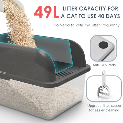 XL 8" Deep Enclosed Stainless Steel Cat Litter Box for Big Cats (Charcoal Gray & Sliver / X-Large)