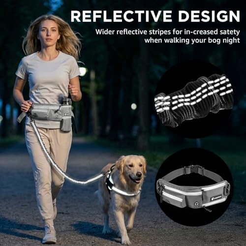 Hands Free Dog Leash with Waist Pack Bungee for Running Gray (Gray)