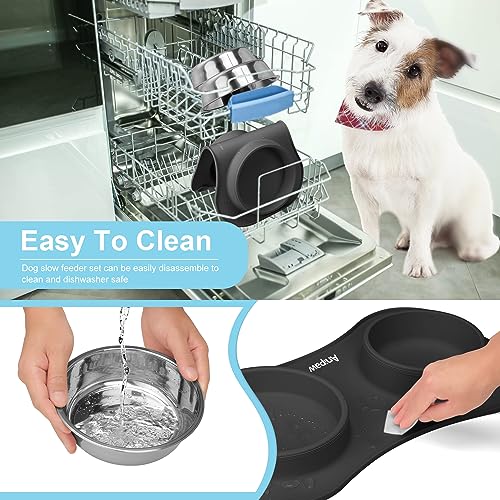 Slow Feeder Dog Bowls 3 in 1 Stainless Steel Food Water Bowl to Slow Eating (Large Breed / Dark Grey)