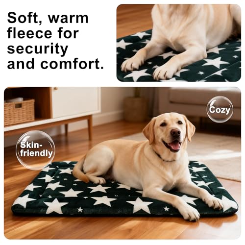 Dog Bed Mat Soft & Comfortable Dog Kennel Pad for Crate (L(35"*23"*1.5") / Big&Little Stars Green-1pc)