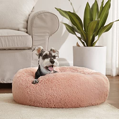 Calming Small Dog Bed Donut Washable Cat＆Puppy Bed (23"L x 23"W x 8"Th / Pink)