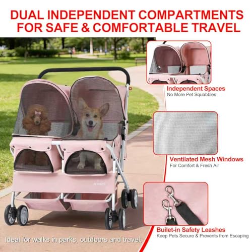 Double Pet Stroller for 2 Small Dogs & Cats (Pink)