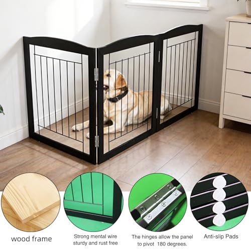Freestanding Foldable Dog Gate for House Extra Wide Wooden Black Indoor Puppy Gate Stairs Doorways Pet Gate Tall Dog Fence 3 Panels Fence (Black / 【3 Panels】60''w x 24''h)