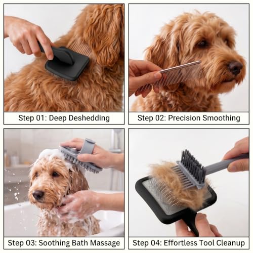 Slicker Brush for Dogs Grooming Kit with Cleaning Rake Tool 4PCS (Black)