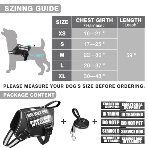 Service Dog Vest Harness and Leash Set+10 Patches (Large / Black)