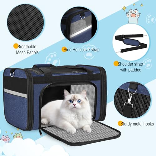 Large Cat Carrier Soft Sided Travel Pet Carrier Airline Approved (Navy Blue)