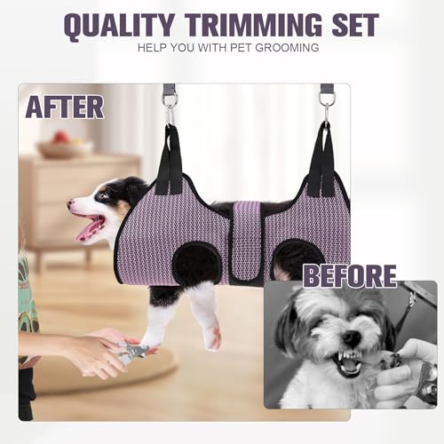 Dog Grooming Hammock Harness for Dogs & Cats with Pet Nail Clipper Trimmer (M / Pink)