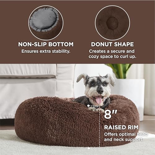 Calming Small Medium Dog Bed Donut Washable Puppy Bed (27"L x 27"W x 8"Th / Coffee)